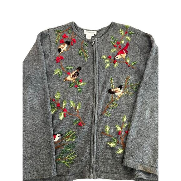 Coldwater Creek Embroidered Bird Berry Full Zip Up Cardigan Sweater Size 1X - Picture 2 of 7